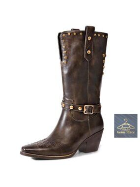 Womens Cowboy Boots Wide Calf Square Toe Low Heel Distressed Studded Faux
